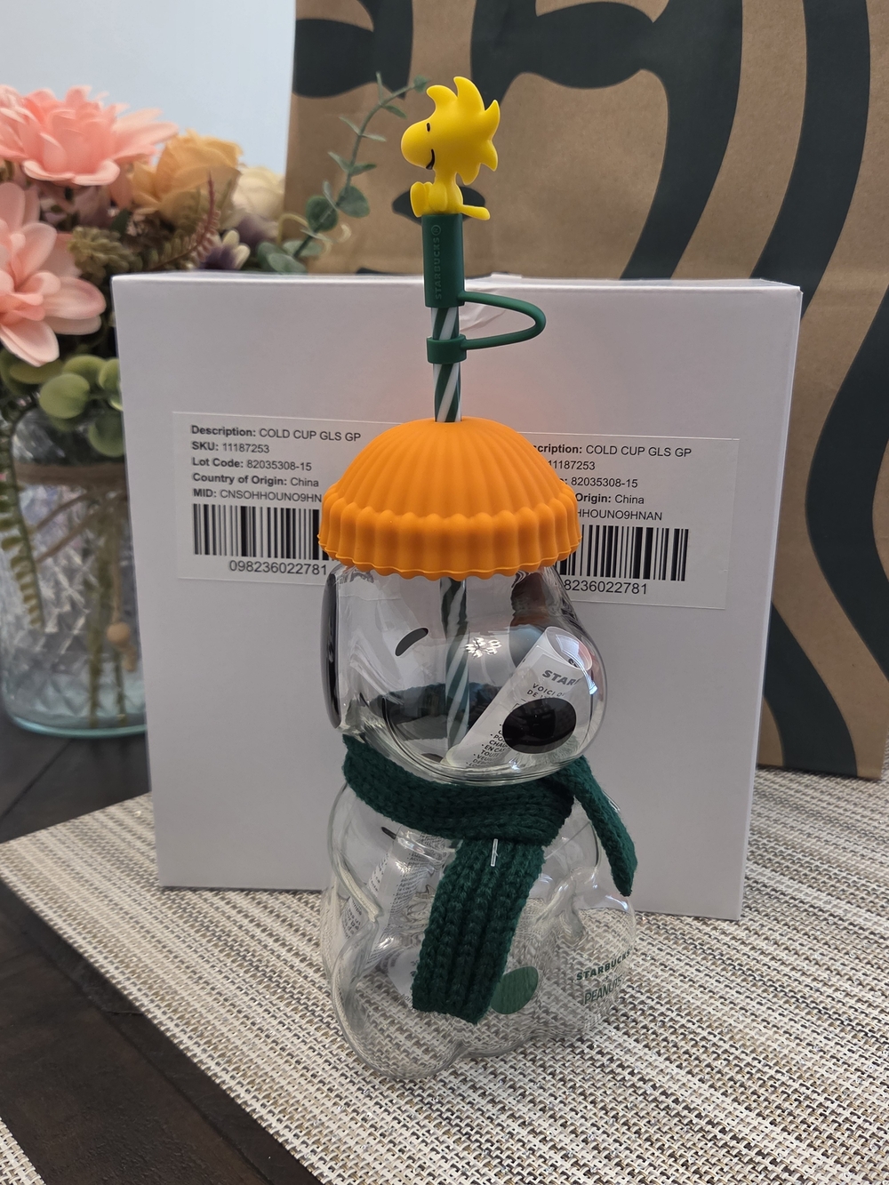 Starbucks Orange-Top Snoopy Glass Cold Cup with Green Scarf